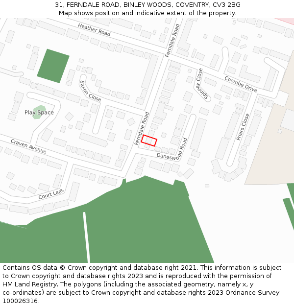 31, FERNDALE ROAD, BINLEY WOODS, COVENTRY, CV3 2BG: Location map and indicative extent of plot