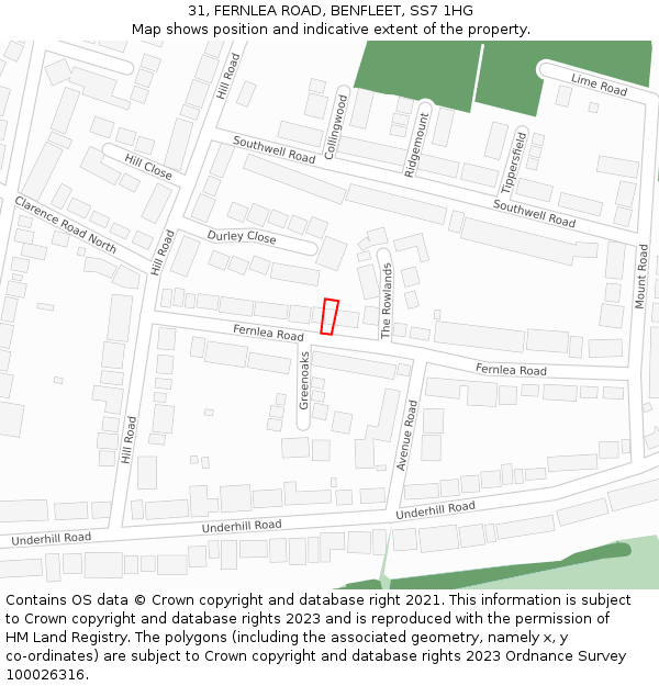 31, FERNLEA ROAD, BENFLEET, SS7 1HG: Location map and indicative extent of plot