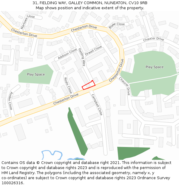 31, FIELDING WAY, GALLEY COMMON, NUNEATON, CV10 9RB: Location map and indicative extent of plot