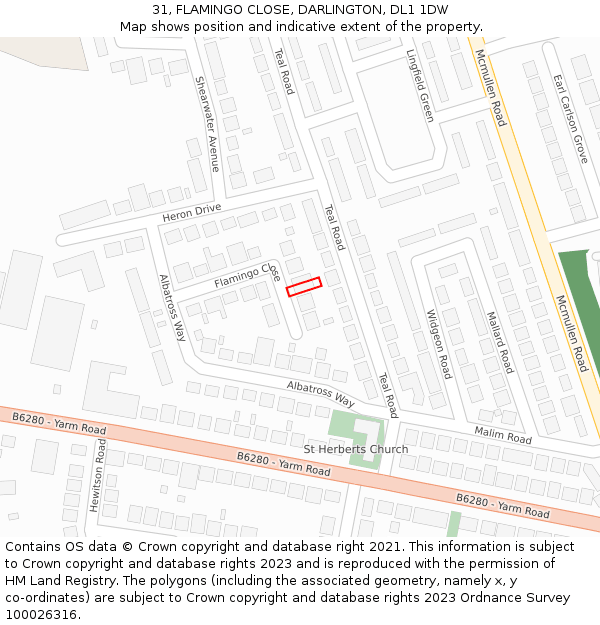 31, FLAMINGO CLOSE, DARLINGTON, DL1 1DW: Location map and indicative extent of plot