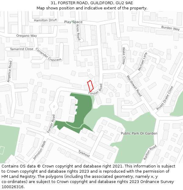 31, FORSTER ROAD, GUILDFORD, GU2 9AE: Location map and indicative extent of plot