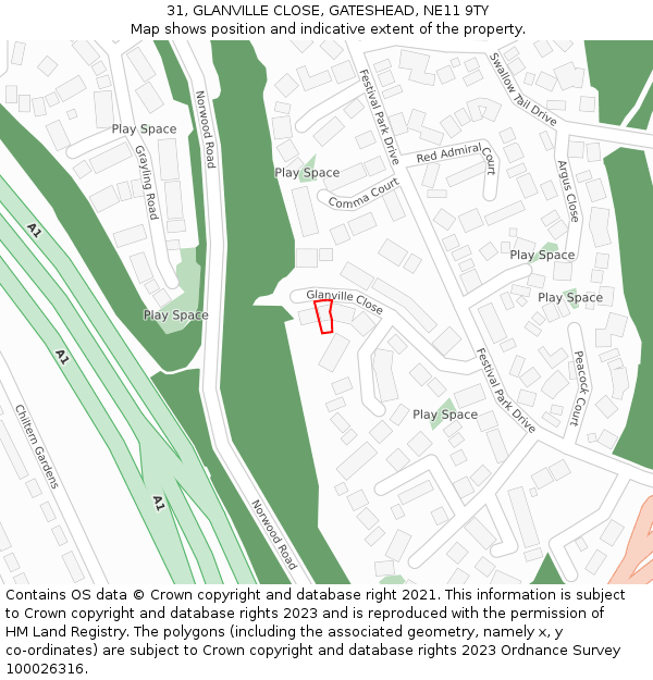 31, GLANVILLE CLOSE, GATESHEAD, NE11 9TY: Location map and indicative extent of plot