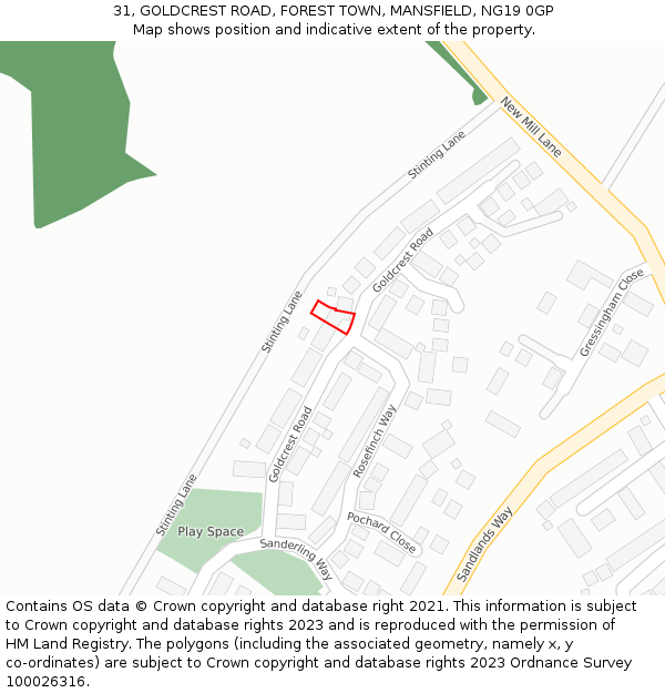 31, GOLDCREST ROAD, FOREST TOWN, MANSFIELD, NG19 0GP: Location map and indicative extent of plot