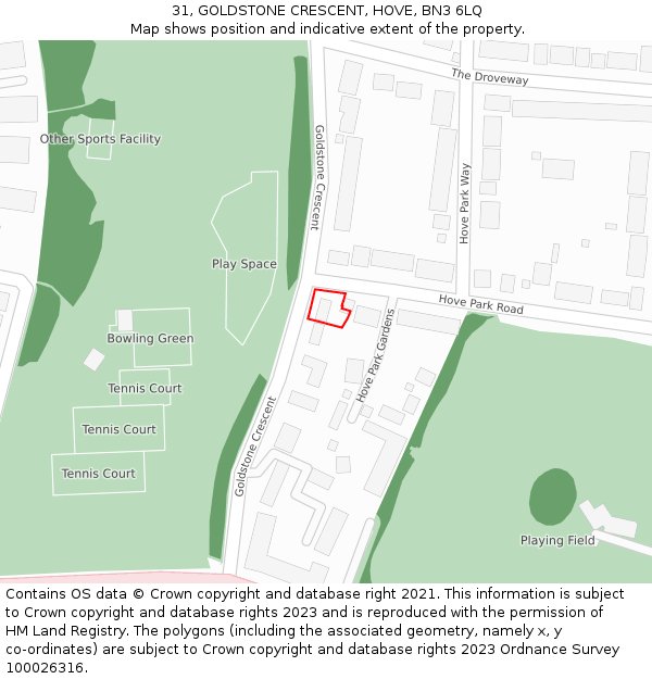 31, GOLDSTONE CRESCENT, HOVE, BN3 6LQ: Location map and indicative extent of plot
