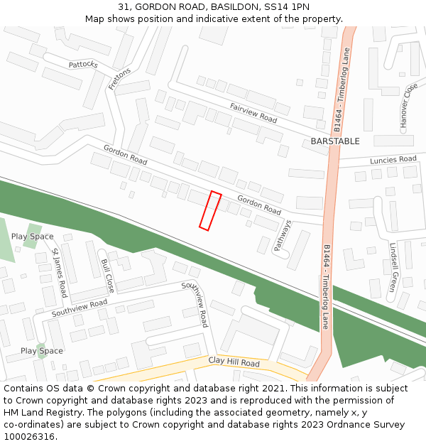31, GORDON ROAD, BASILDON, SS14 1PN: Location map and indicative extent of plot