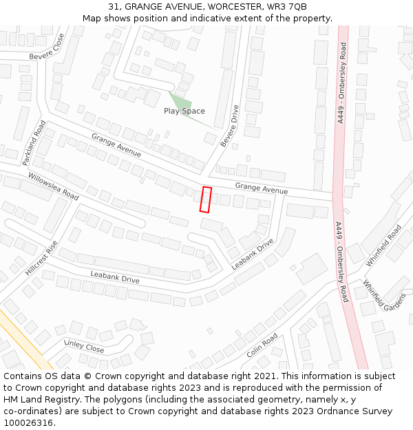 31, GRANGE AVENUE, WORCESTER, WR3 7QB: Location map and indicative extent of plot