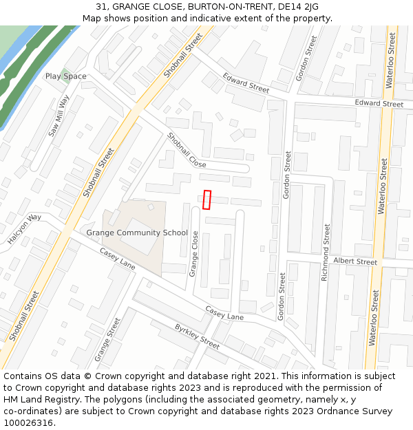 31, GRANGE CLOSE, BURTON-ON-TRENT, DE14 2JG: Location map and indicative extent of plot