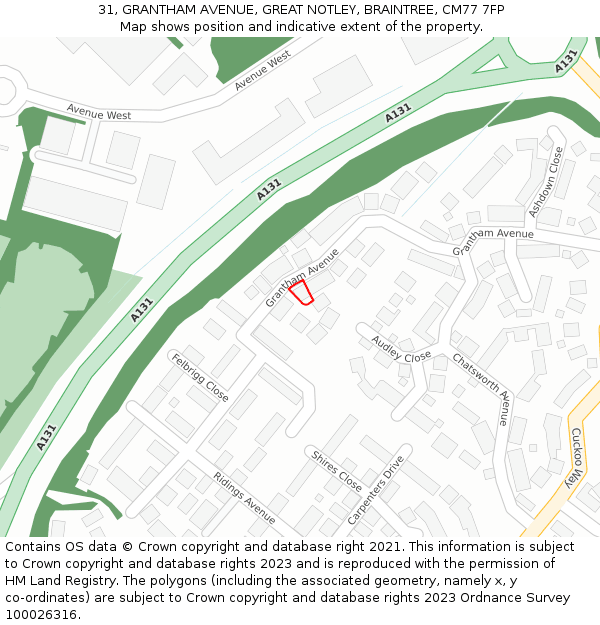 31, GRANTHAM AVENUE, GREAT NOTLEY, BRAINTREE, CM77 7FP: Location map and indicative extent of plot