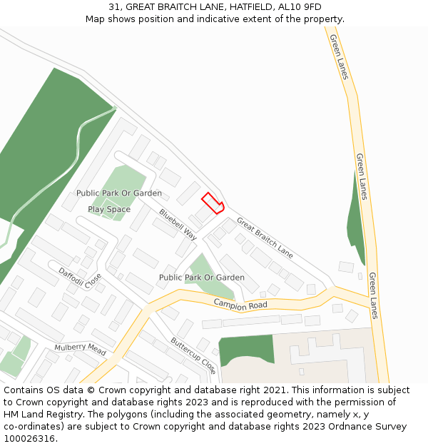 31, GREAT BRAITCH LANE, HATFIELD, AL10 9FD: Location map and indicative extent of plot