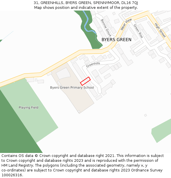 31, GREENHILLS, BYERS GREEN, SPENNYMOOR, DL16 7QJ: Location map and indicative extent of plot