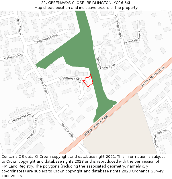 31, GREENWAYS CLOSE, BRIDLINGTON, YO16 6XL: Location map and indicative extent of plot