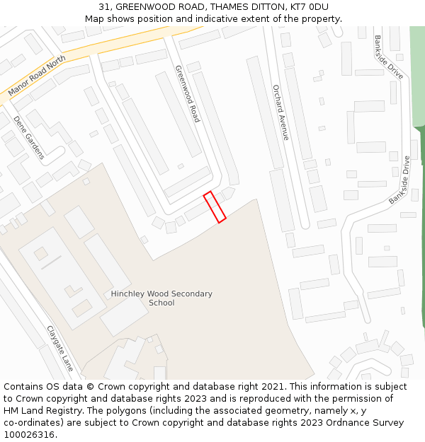 31, GREENWOOD ROAD, THAMES DITTON, KT7 0DU: Location map and indicative extent of plot