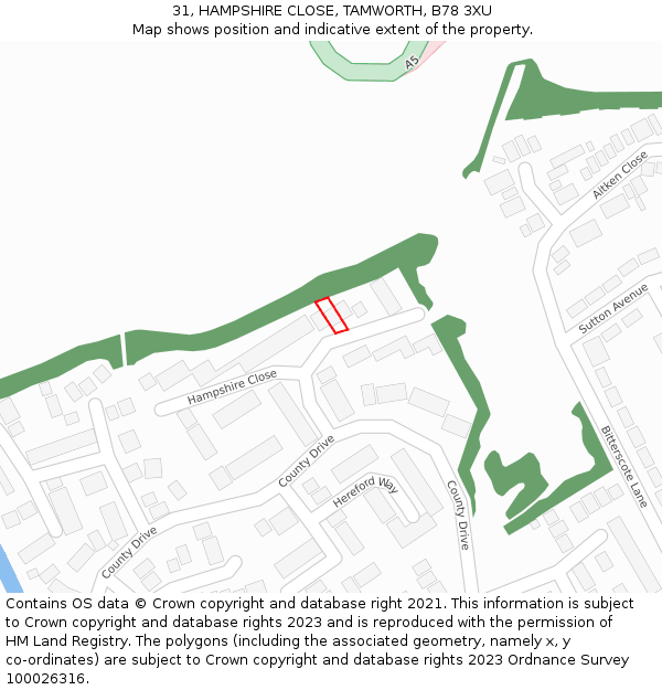 31, HAMPSHIRE CLOSE, TAMWORTH, B78 3XU: Location map and indicative extent of plot