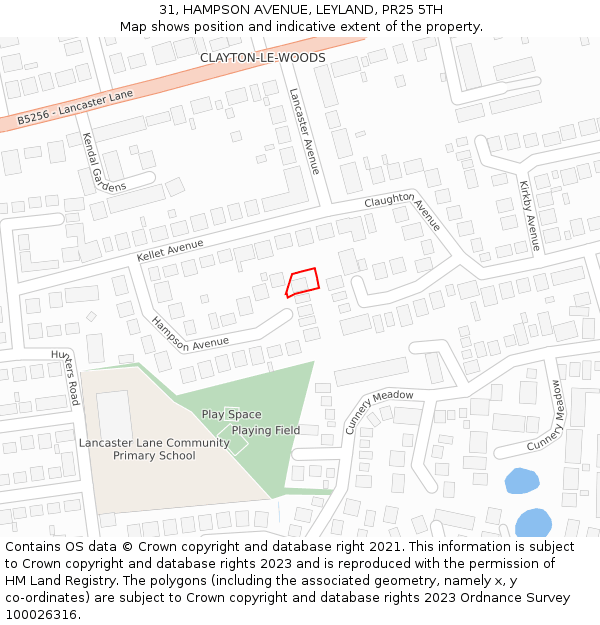 31, HAMPSON AVENUE, LEYLAND, PR25 5TH: Location map and indicative extent of plot