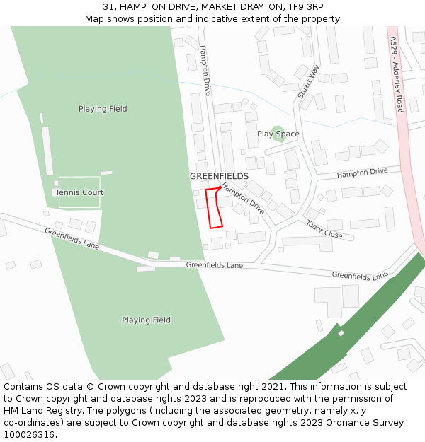 31, HAMPTON DRIVE, MARKET DRAYTON, TF9 3RP: Location map and indicative extent of plot