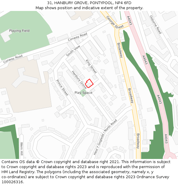 31, HANBURY GROVE, PONTYPOOL, NP4 6FD: Location map and indicative extent of plot