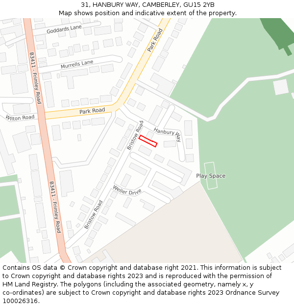 31, HANBURY WAY, CAMBERLEY, GU15 2YB: Location map and indicative extent of plot