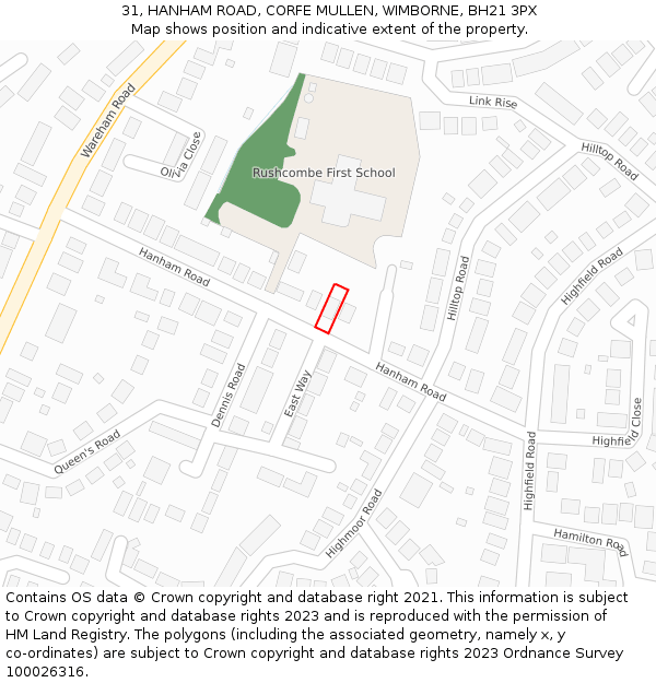 31, HANHAM ROAD, CORFE MULLEN, WIMBORNE, BH21 3PX: Location map and indicative extent of plot