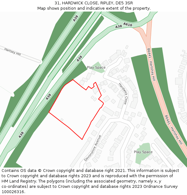 31, HARDWICK CLOSE, RIPLEY, DE5 3SR: Location map and indicative extent of plot