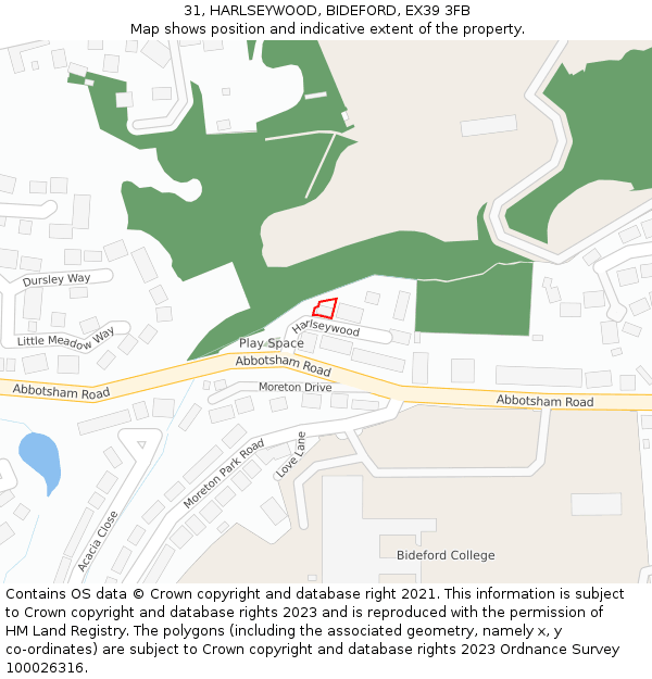 31, HARLSEYWOOD, BIDEFORD, EX39 3FB: Location map and indicative extent of plot
