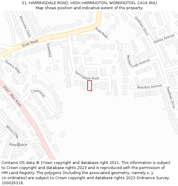 31, HARRINGDALE ROAD, HIGH HARRINGTON, WORKINGTON, CA14 4NU: Location map and indicative extent of plot