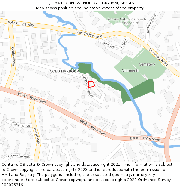 31, HAWTHORN AVENUE, GILLINGHAM, SP8 4ST: Location map and indicative extent of plot