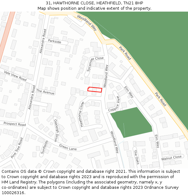 31, HAWTHORNE CLOSE, HEATHFIELD, TN21 8HP: Location map and indicative extent of plot