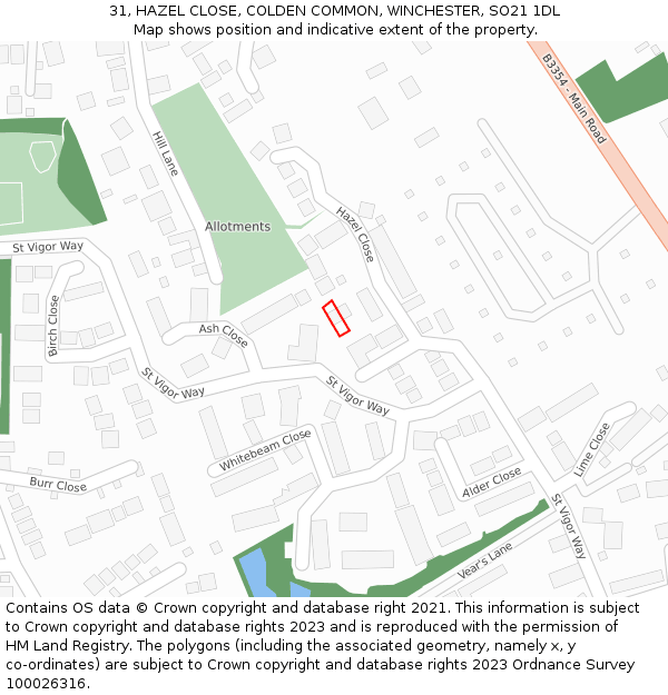 31, HAZEL CLOSE, COLDEN COMMON, WINCHESTER, SO21 1DL: Location map and indicative extent of plot