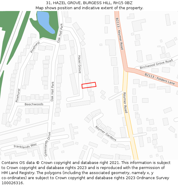 31, HAZEL GROVE, BURGESS HILL, RH15 0BZ: Location map and indicative extent of plot