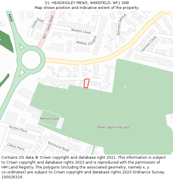 31, HEADINGLEY MEWS, WAKEFIELD, WF1 3AB: Location map and indicative extent of plot