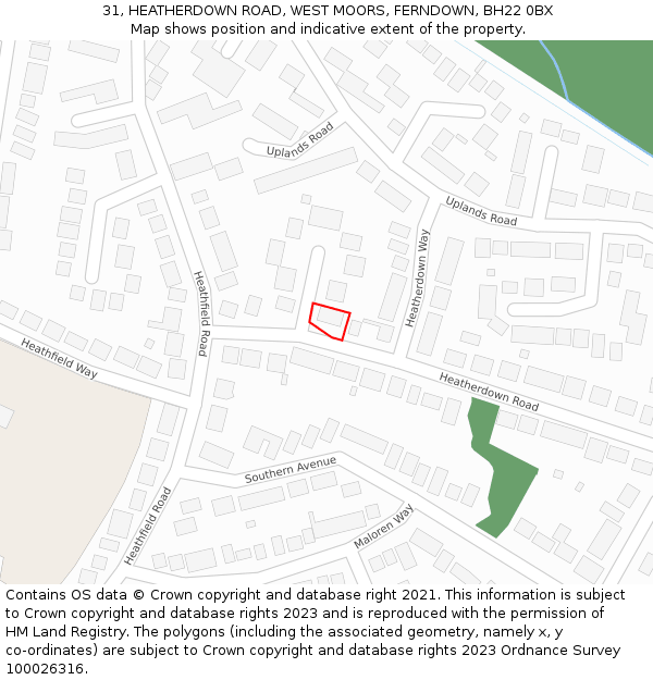 31, HEATHERDOWN ROAD, WEST MOORS, FERNDOWN, BH22 0BX: Location map and indicative extent of plot