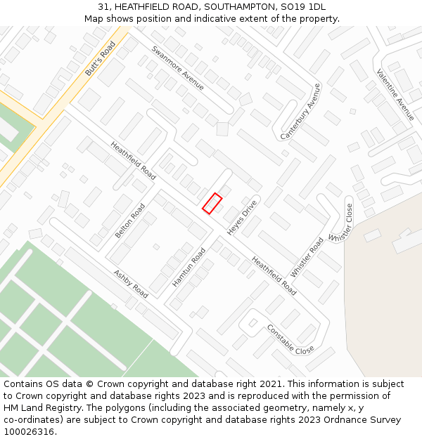 31, HEATHFIELD ROAD, SOUTHAMPTON, SO19 1DL: Location map and indicative extent of plot