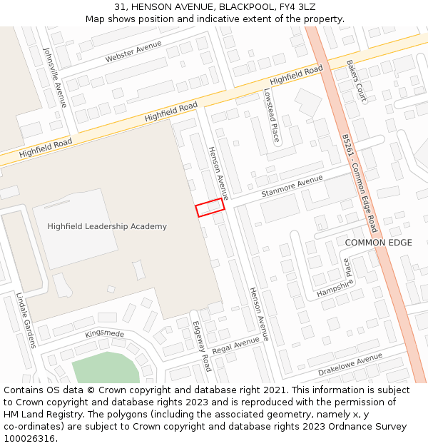 31, HENSON AVENUE, BLACKPOOL, FY4 3LZ: Location map and indicative extent of plot