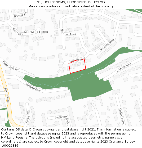 31, HIGH BROOMS, HUDDERSFIELD, HD2 2FP: Location map and indicative extent of plot