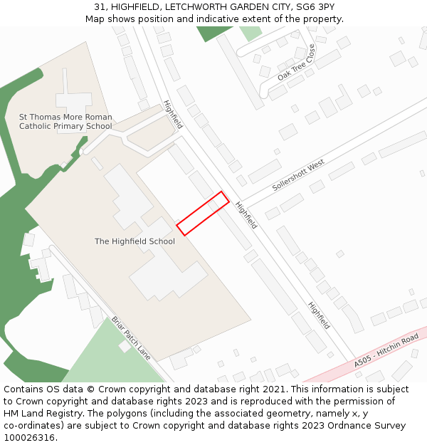 31, HIGHFIELD, LETCHWORTH GARDEN CITY, SG6 3PY: Location map and indicative extent of plot