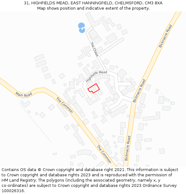 31, HIGHFIELDS MEAD, EAST HANNINGFIELD, CHELMSFORD, CM3 8XA: Location map and indicative extent of plot