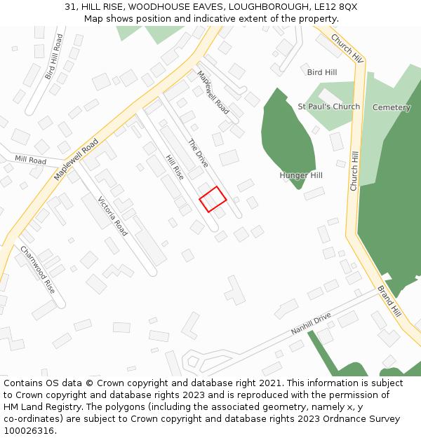 31, HILL RISE, WOODHOUSE EAVES, LOUGHBOROUGH, LE12 8QX: Location map and indicative extent of plot
