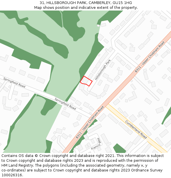 31, HILLSBOROUGH PARK, CAMBERLEY, GU15 1HG: Location map and indicative extent of plot