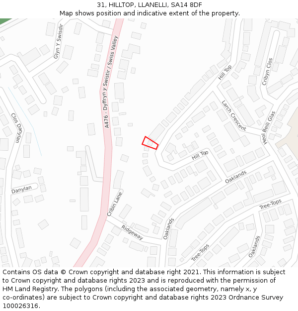 31, HILLTOP, LLANELLI, SA14 8DF: Location map and indicative extent of plot