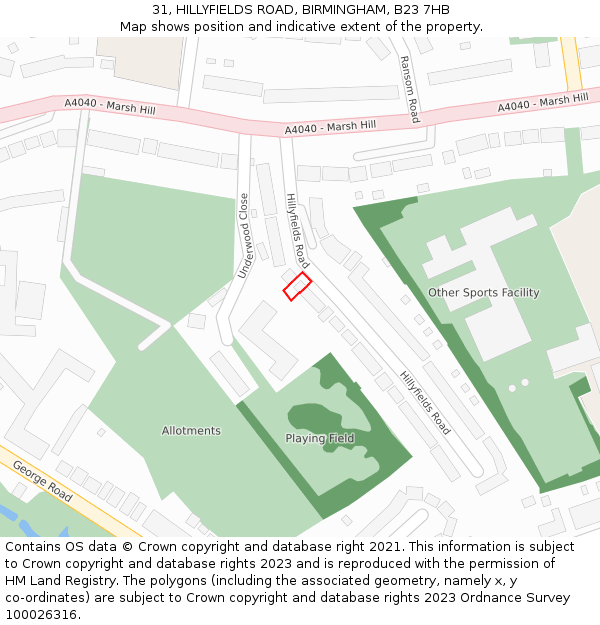 31, HILLYFIELDS ROAD, BIRMINGHAM, B23 7HB: Location map and indicative extent of plot