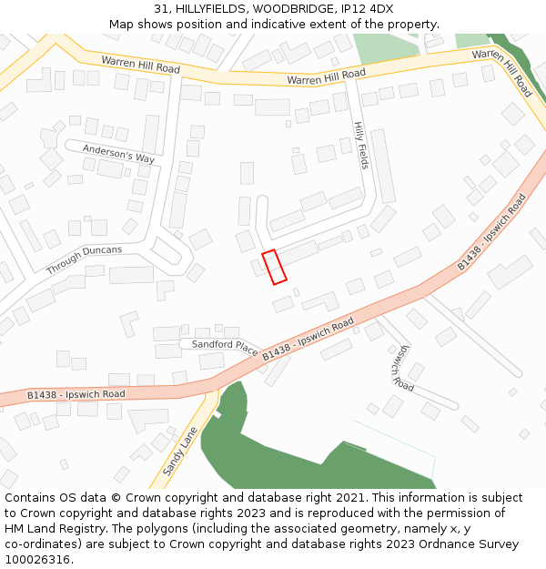 31, HILLYFIELDS, WOODBRIDGE, IP12 4DX: Location map and indicative extent of plot