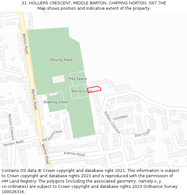 31, HOLLIERS CRESCENT, MIDDLE BARTON, CHIPPING NORTON, OX7 7HE: Location map and indicative extent of plot