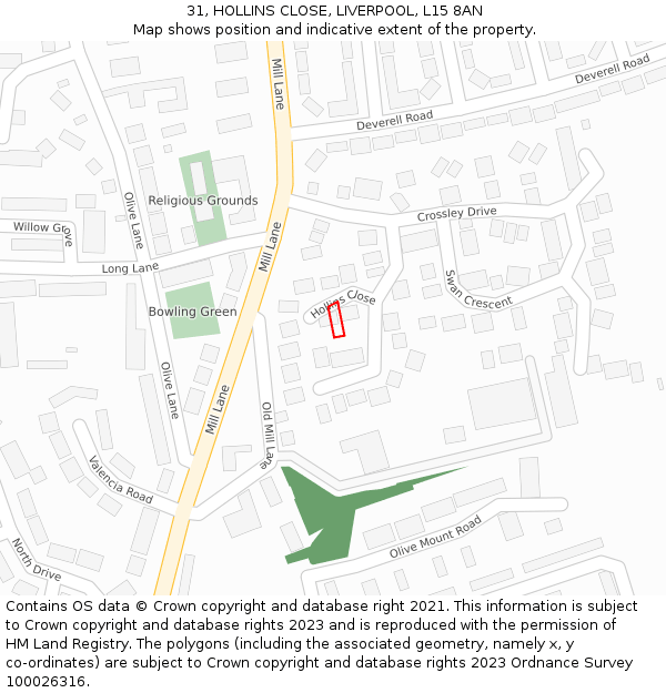 31, HOLLINS CLOSE, LIVERPOOL, L15 8AN: Location map and indicative extent of plot