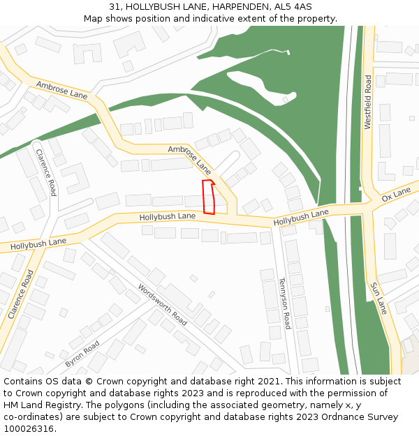 31, HOLLYBUSH LANE, HARPENDEN, AL5 4AS: Location map and indicative extent of plot