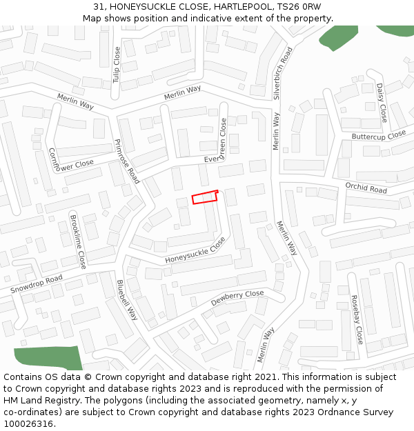 31, HONEYSUCKLE CLOSE, HARTLEPOOL, TS26 0RW: Location map and indicative extent of plot