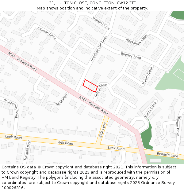 31, HULTON CLOSE, CONGLETON, CW12 3TF: Location map and indicative extent of plot