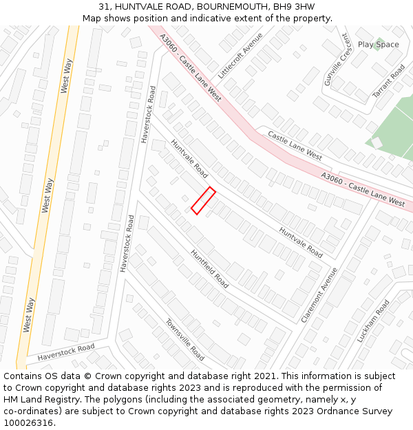 31, HUNTVALE ROAD, BOURNEMOUTH, BH9 3HW: Location map and indicative extent of plot