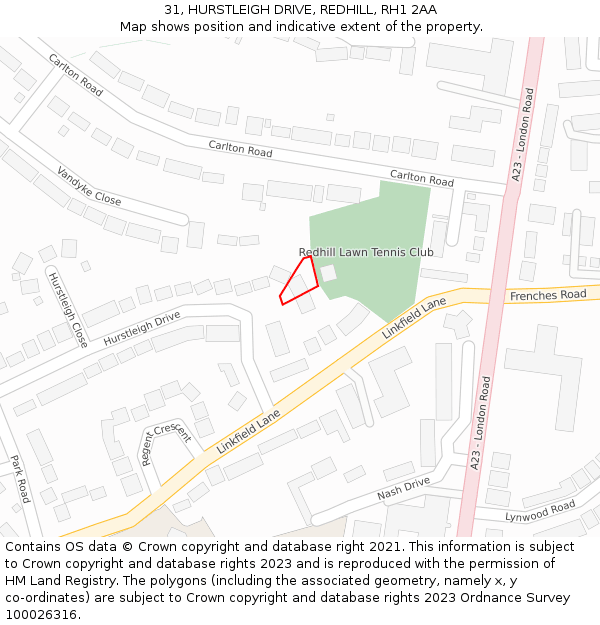 31, HURSTLEIGH DRIVE, REDHILL, RH1 2AA: Location map and indicative extent of plot