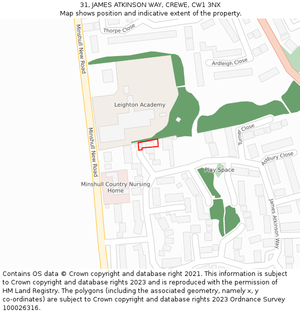 31, JAMES ATKINSON WAY, CREWE, CW1 3NX: Location map and indicative extent of plot