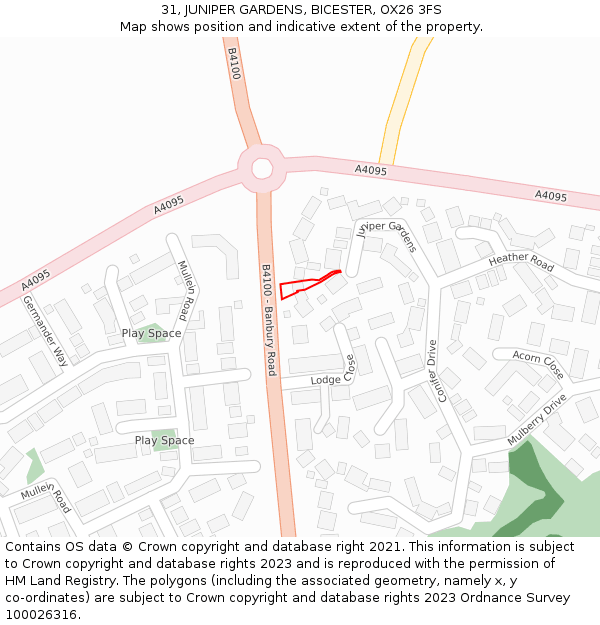 31, JUNIPER GARDENS, BICESTER, OX26 3FS: Location map and indicative extent of plot